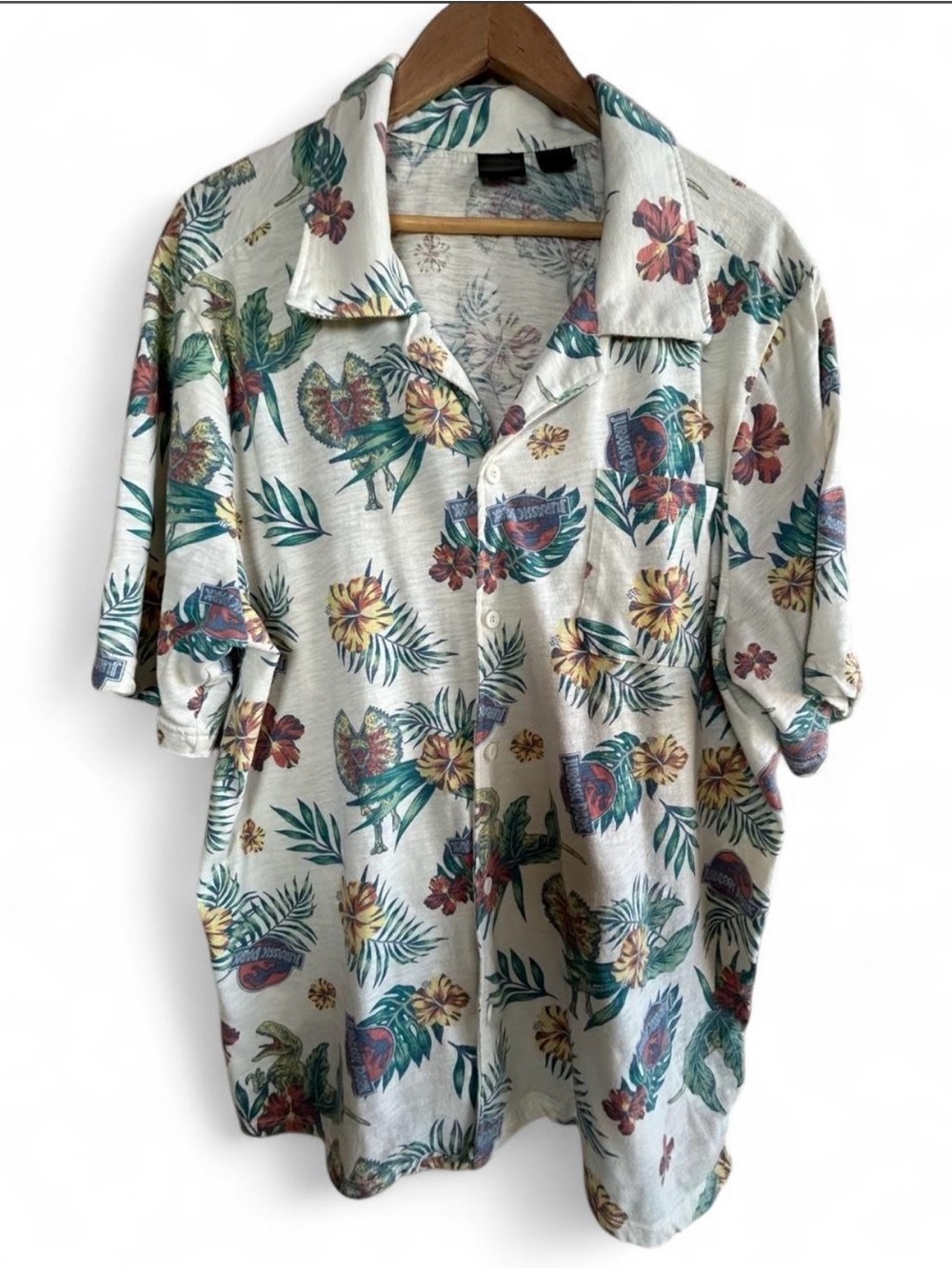 Jurassic Park World Hawaiian Button T-Shirt 90s Movie Dinosaur Tropical